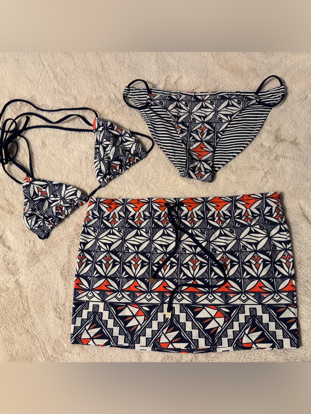 Tory Burch Acoma 3 Piece Reversible String Bikini Skirt Eurojersey Navy Stripe S - Picture 8 of 14